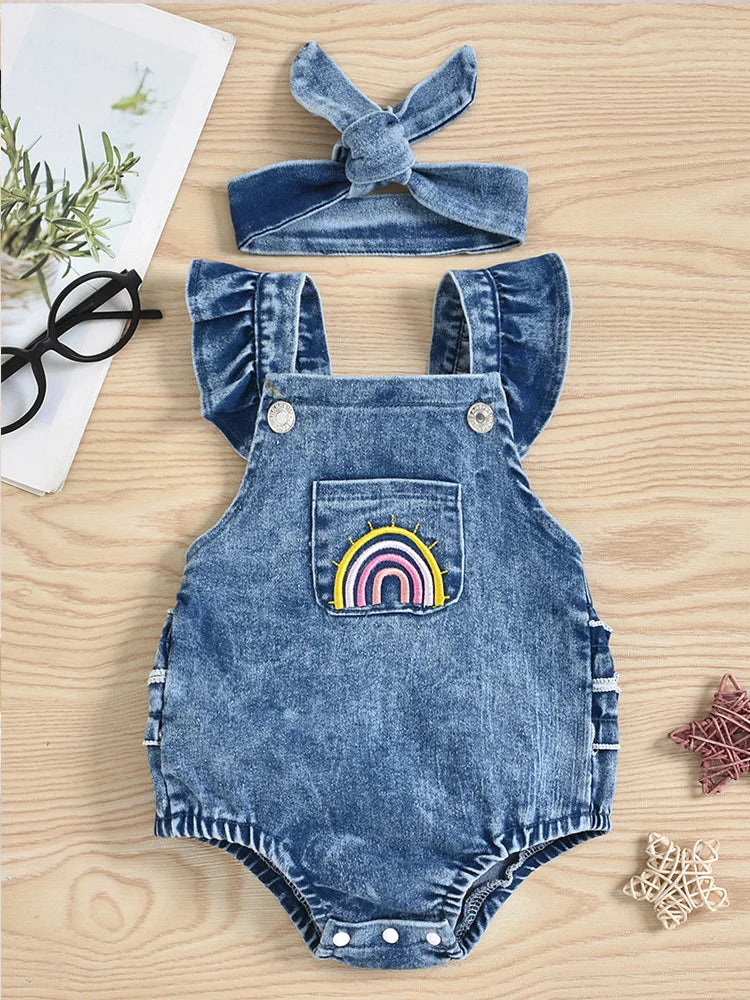 Boys and Girls Sleeveless Denim Triangle Pajamas Crawling Clothes 