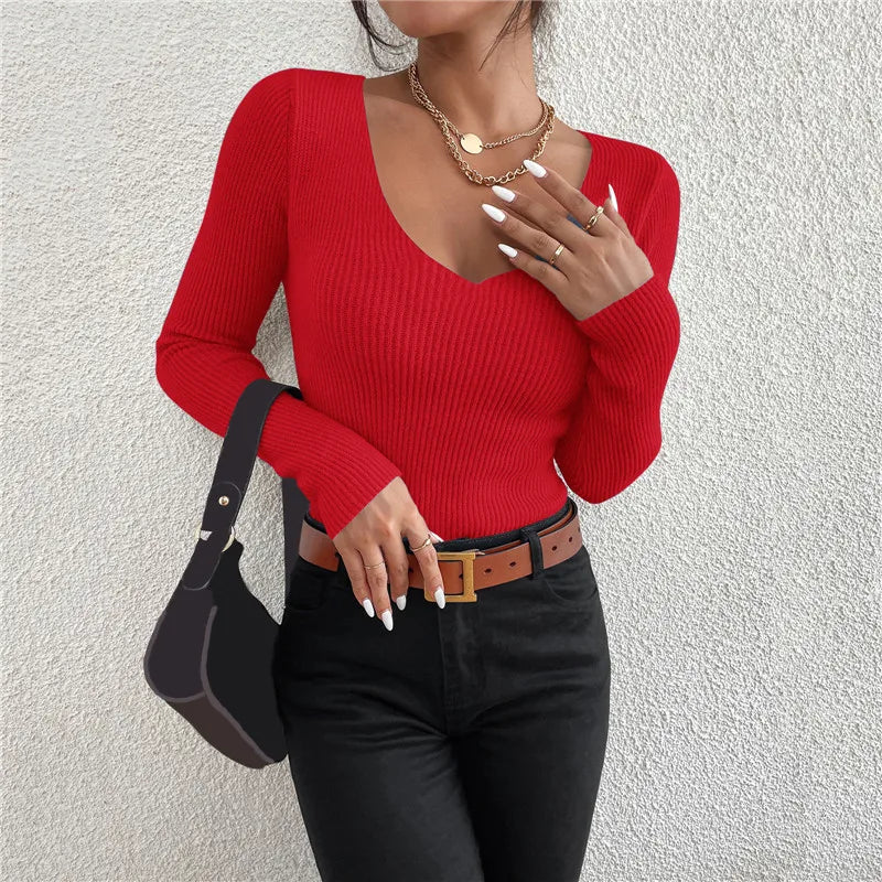 Jersey de punto de canalé liso para mujer, Jersey a rayas con cuello en V, mang