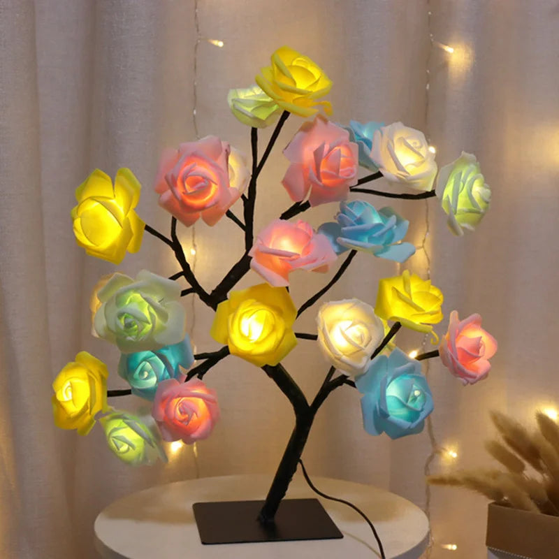 Lámpara LED de mesa de flores rosas, luces de hadas de árbol de Navidad USB, luces nocturnas, decoración de dormitorio de boda, Fiesta en casa, regalo del Día de la madre