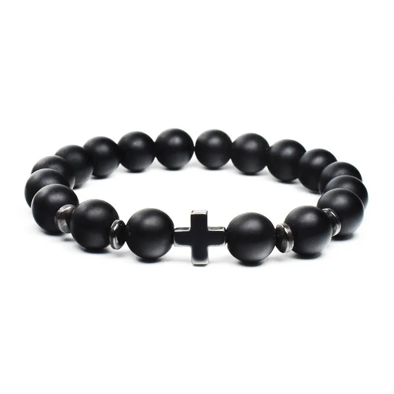 Pulsera de Cruz para hombre, Rosario religioso, cuentas de madera, pulsera de cu