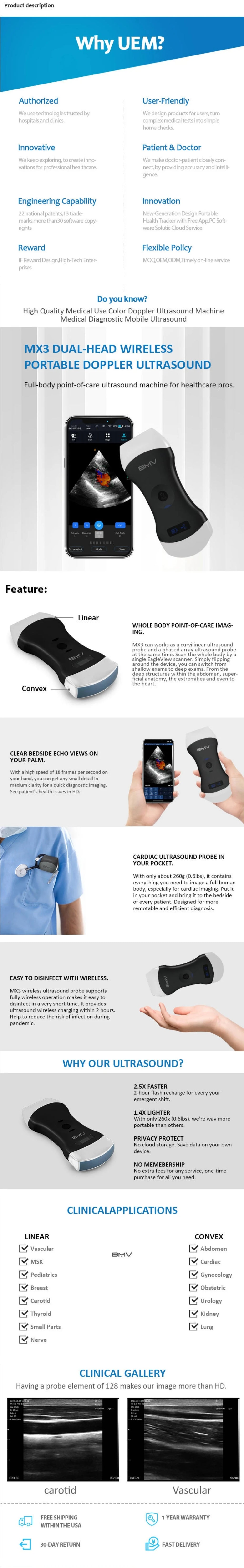 Doppler-escáner USB de fisioterapia de rehabilitación Vascular, ultrasonido de mano inalámbrico, doble lineal para diagnóstico de cuerpo completo