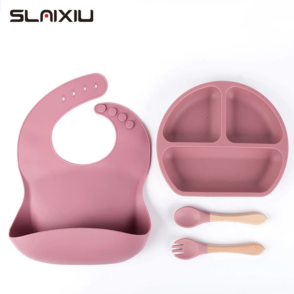 Juego de vajilla de silicona para niños, 4 piezas, plato de cena de silicona con mango de madera, cuchara, tenedor, Baberos de silicona sin BPA