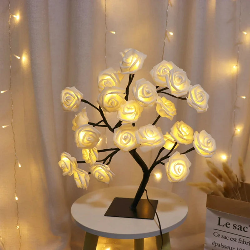 Lámpara LED de mesa de flores rosas, luces de hadas de árbol de Navidad USB, luces nocturnas, decoración de dormitorio de boda, Fiesta en casa, regalo del Día de la madre