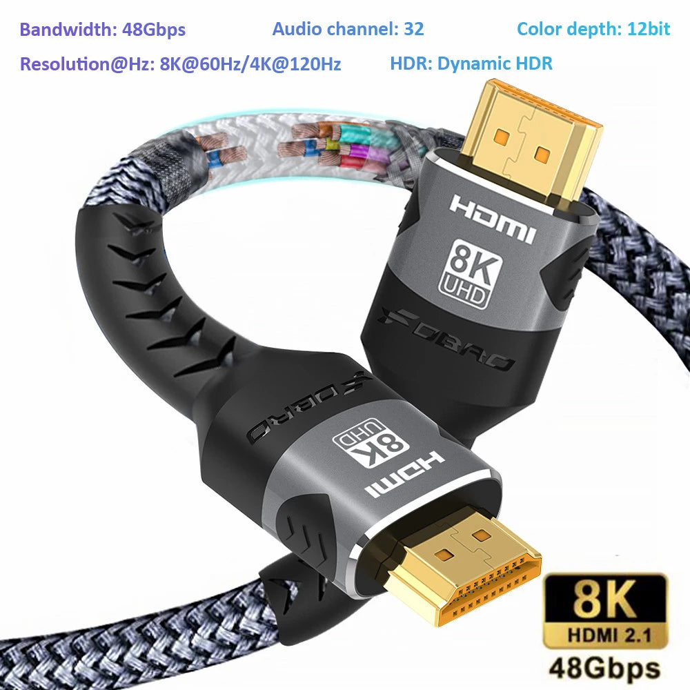 Cable Compatible con HDMI 8K 4K @ 120Hz 8K @ 60Hz HDMI 2,1, adaptador de 48Gbps para RTX 3080 eARC HDR, Cable de vídeo, PC, portátil, TV box, PS5