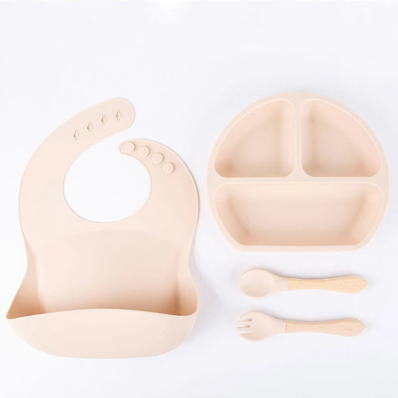 Juego de vajilla de silicona para niños, 4 piezas, plato de cena de silicona con mango de madera, cuchara, tenedor, Baberos de silicona sin BPA
