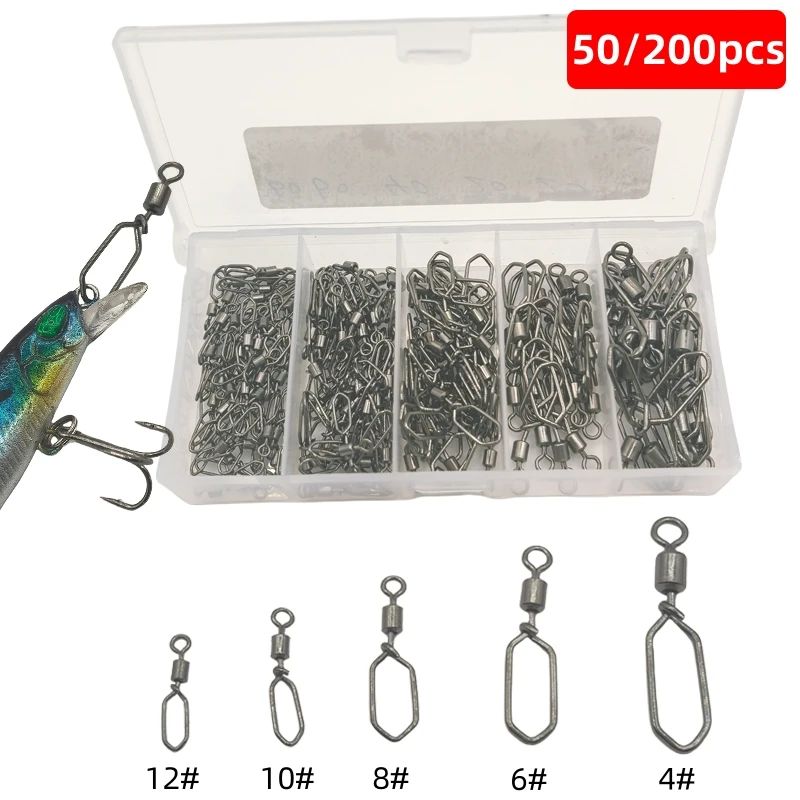 50/200 piezas de conector de clavija cuadrada giratoria de acero inoxidable, anillo de 8 figuras, accesorios de pesca