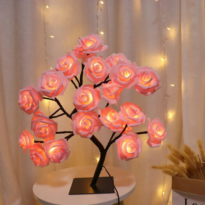 Lámpara LED de mesa de flores rosas, luces de hadas de árbol de Navidad USB, luces nocturnas, decoración de dormitorio de boda, Fiesta en casa, regalo del Día de la madre