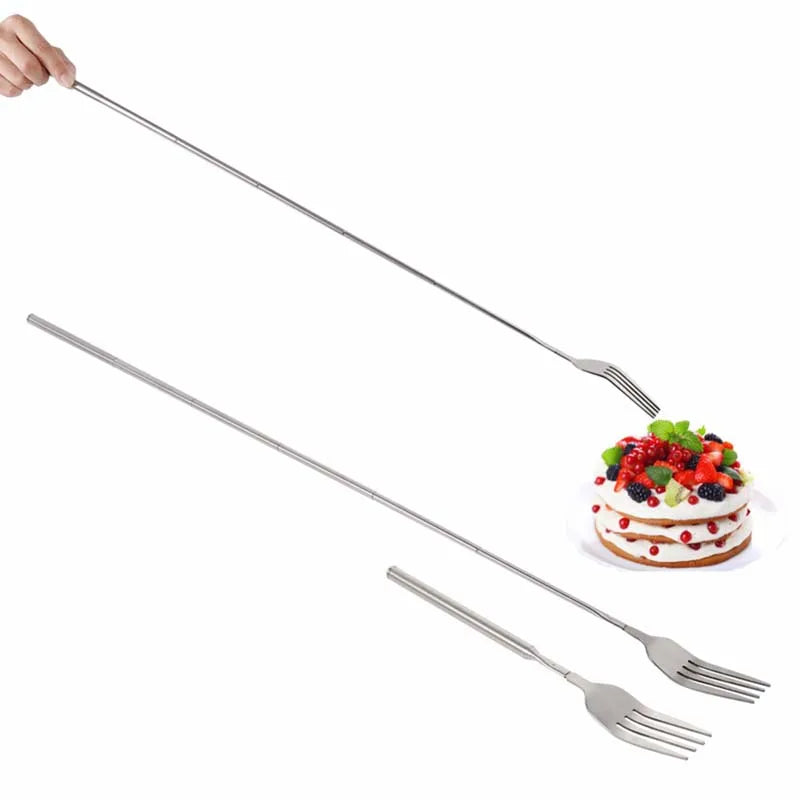 Tenedor extensible telescópico de plata inoxidable, cubiertos largos para cena,