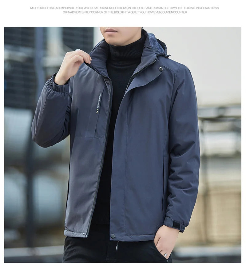 Men's Plush Waterproof Jacket Casual Windproof Cotton Coat 