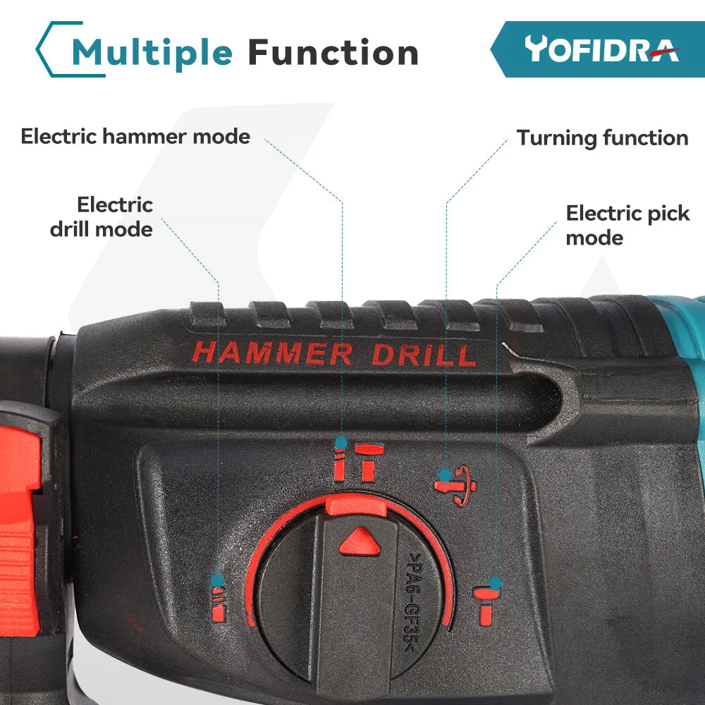 YOFIDRA-martillo eléctrico sin escobillas de 26MM, taladro rotativo multifuncional inalámbrico, herramientas eléctricas recargables para batería Makita de 18V