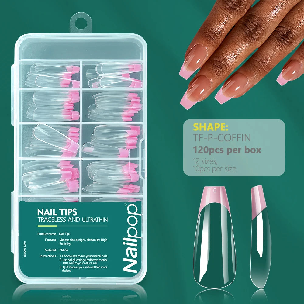 Nailpop-Uñas acrílicas de 120 piezas, cápsula falsa, almendra corta, ataúd cuadrado, extensión de uñas artificiales, puntas de Gel suave, accesorios, herramientas