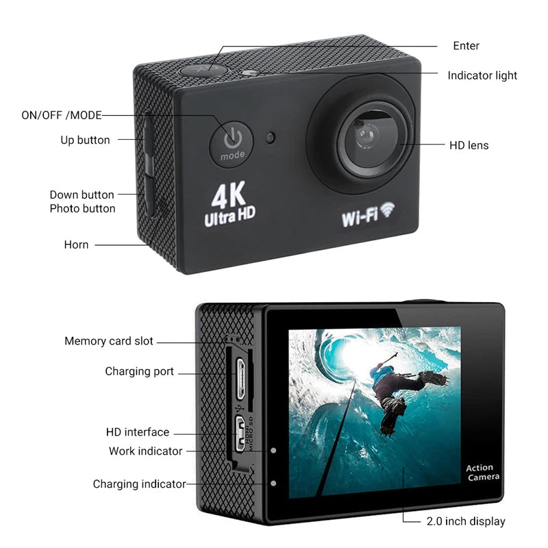 Cámara de Acción 4K 1080P/30FPS WiFi 2,0 "170D, videocámara subacuática