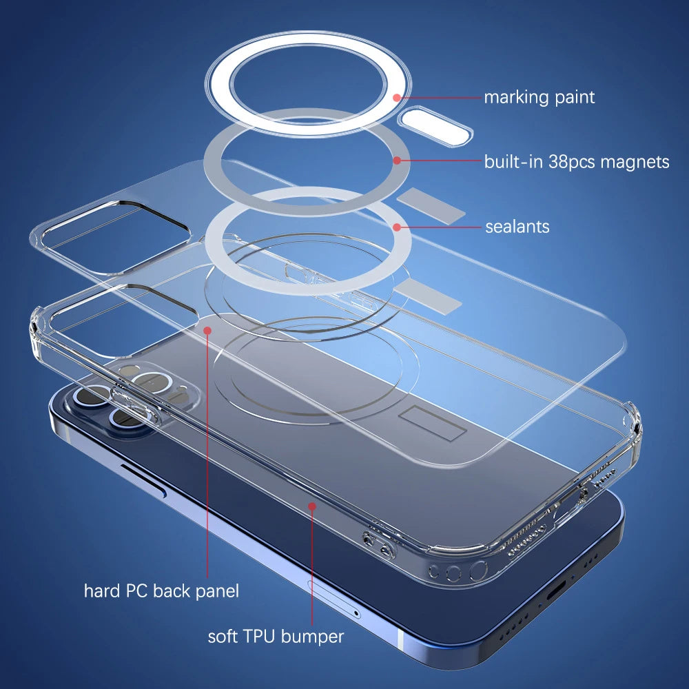 Vanuoxin-funda magnética Original para iPhone, carcasa transparente a prueba de golpes para iPhone 15, 14, 13, 12 Mini, 11 Pro Max, MagSafe, PC + TPU