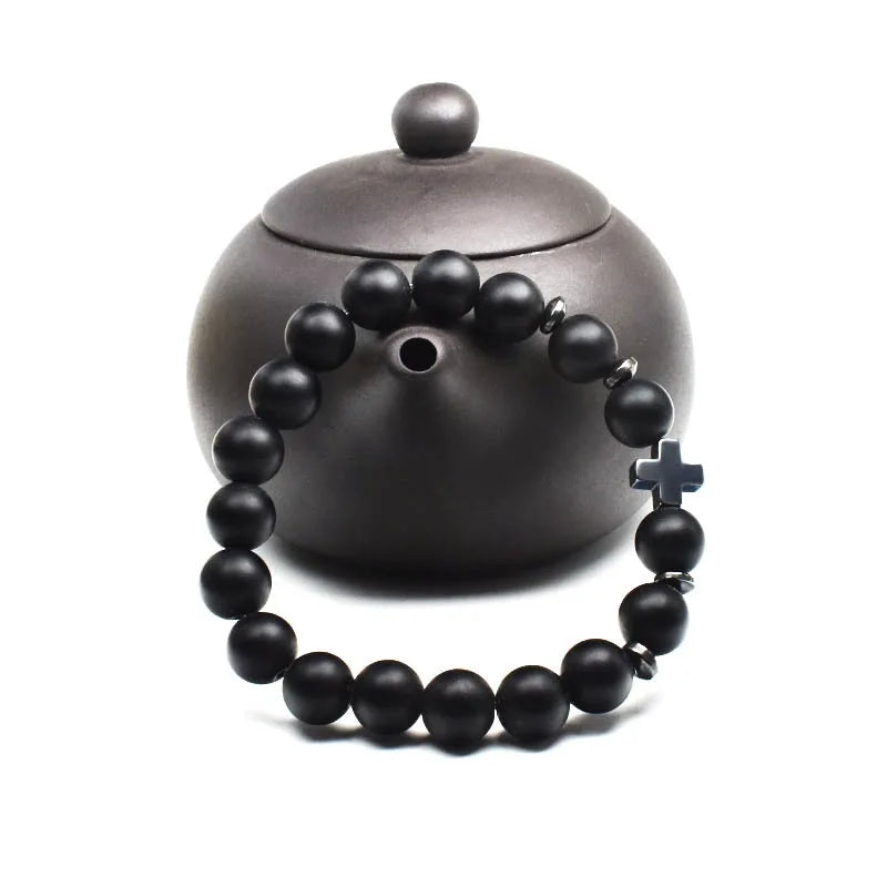 Pulsera de Cruz para hombre, Rosario religioso, cuentas de madera, pulsera de cu