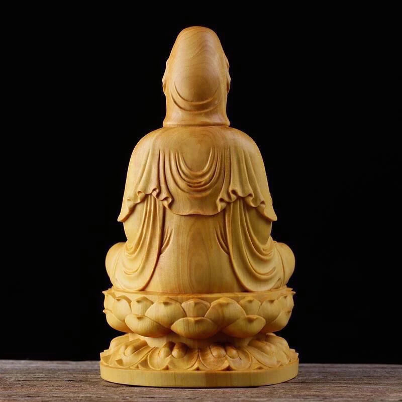 Wooden Guanyin Bodhisattva Figurine Carved Buddha Sculpture Crafts 