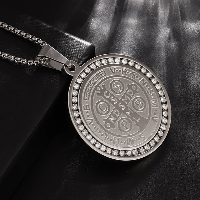 Men's Catholic Saint Benedict Medal Stainless Steel Pendant Necklace 