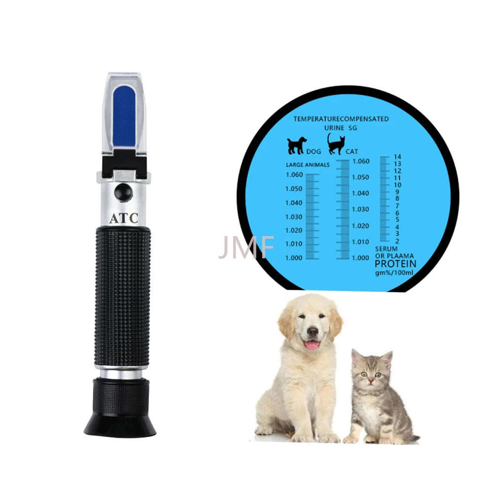 Veterinary urine specific gravity refractometer, an hydrometer 