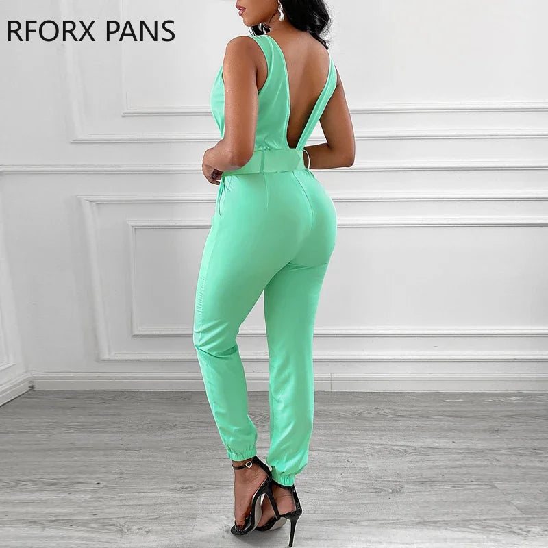 Women's Pocket Design Sleeveless Solid Jumpsuit Backless Jumpsuit 