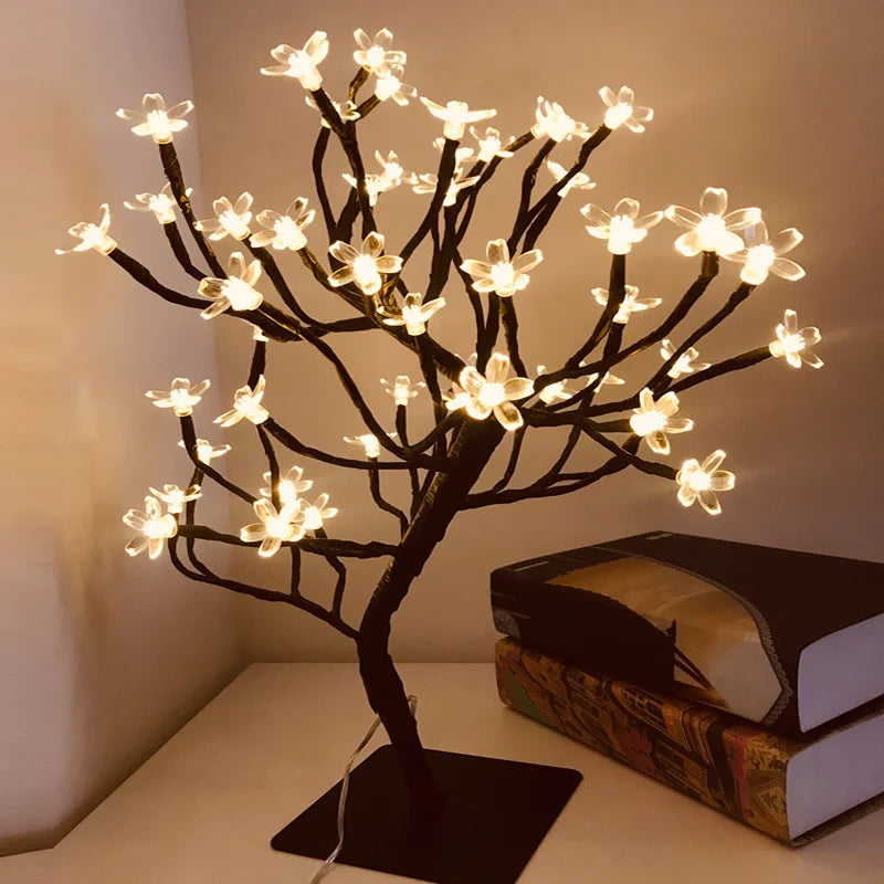 Lámpara LED de mesa de flores rosas, luces de hadas de árbol de Navidad USB, luces nocturnas, decoración de dormitorio de boda, Fiesta en casa, regalo del Día de la madre