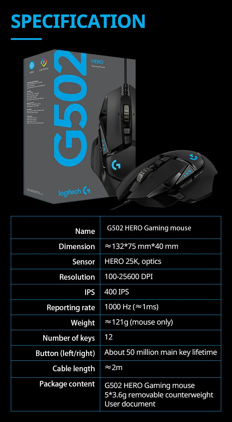 Logitech G502hero Master con cable, ratón para juegos, 502, maquinaria para dep
