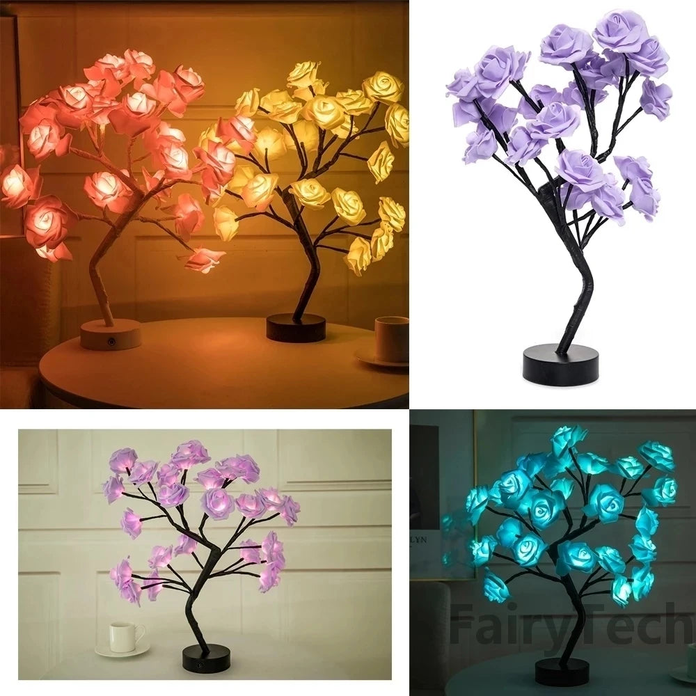 Lámpara LED de mesa de flores rosas, luces de hadas de árbol de Navidad USB, luces nocturnas, decoración de dormitorio de boda, Fiesta en casa, regalo del Día de la madre