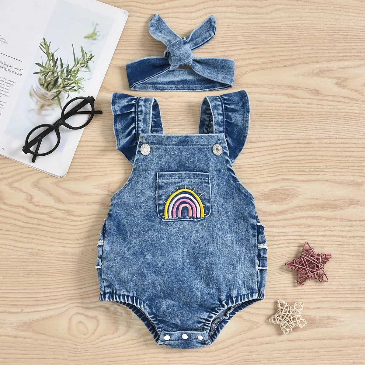 Boys and Girls Sleeveless Denim Triangle Pajamas Crawling Clothes 