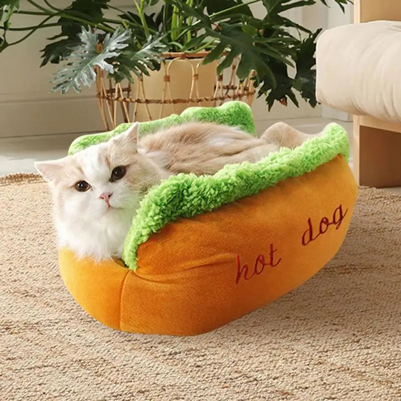 Dog Calming Bed, Detachable Hot Dog Shape Stuffed Pet Bed, Non-Slip Base with Zipper