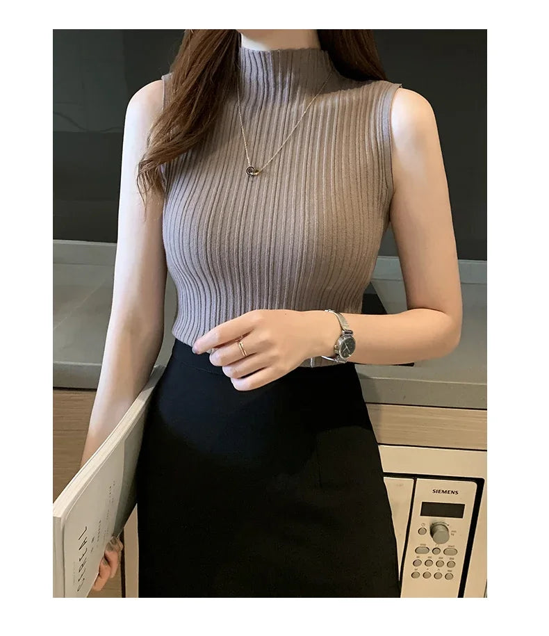 Women's Thin Knitted Sleeveless Sweater Half High Neck Shirt Blouse