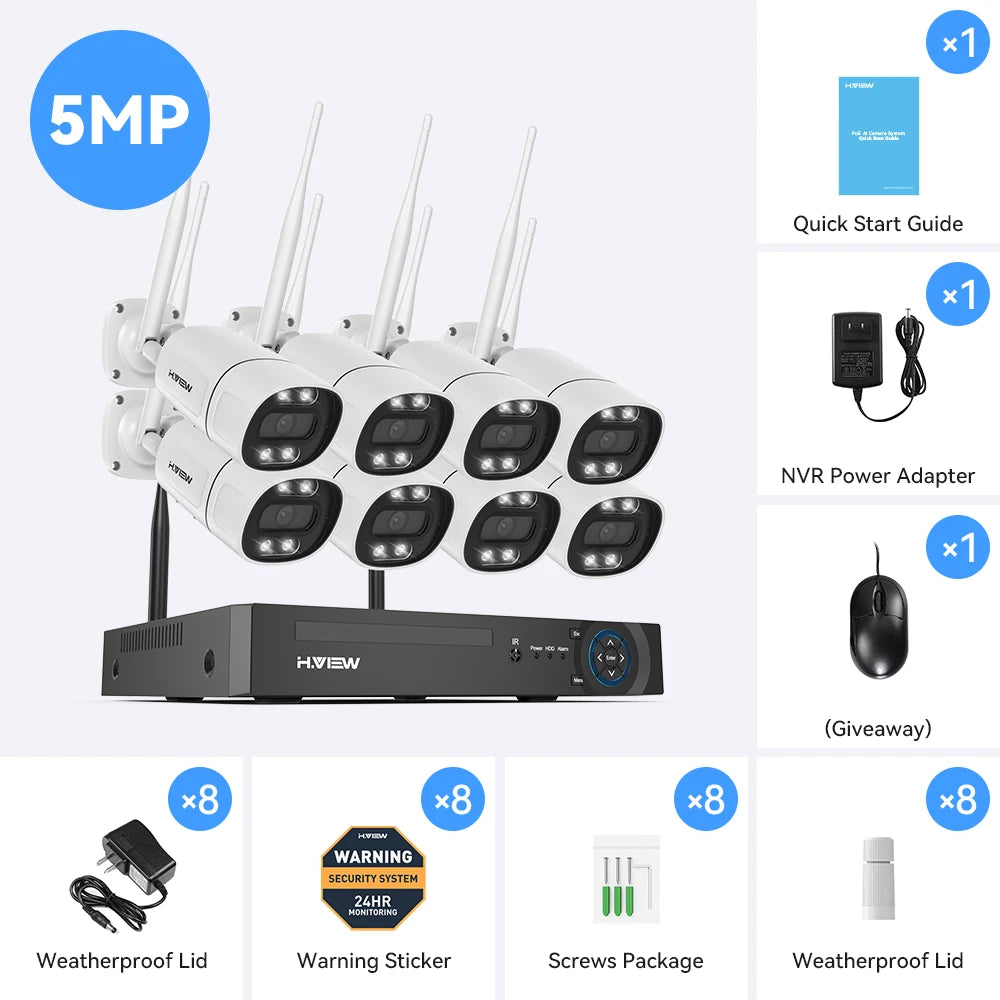 H.view-cámara de seguridad inalámbrica con Wifi, Kit de videovigilancia NVR para interior y exterior, Audio bidireccional, 8 canales, 5MP, Xmeye