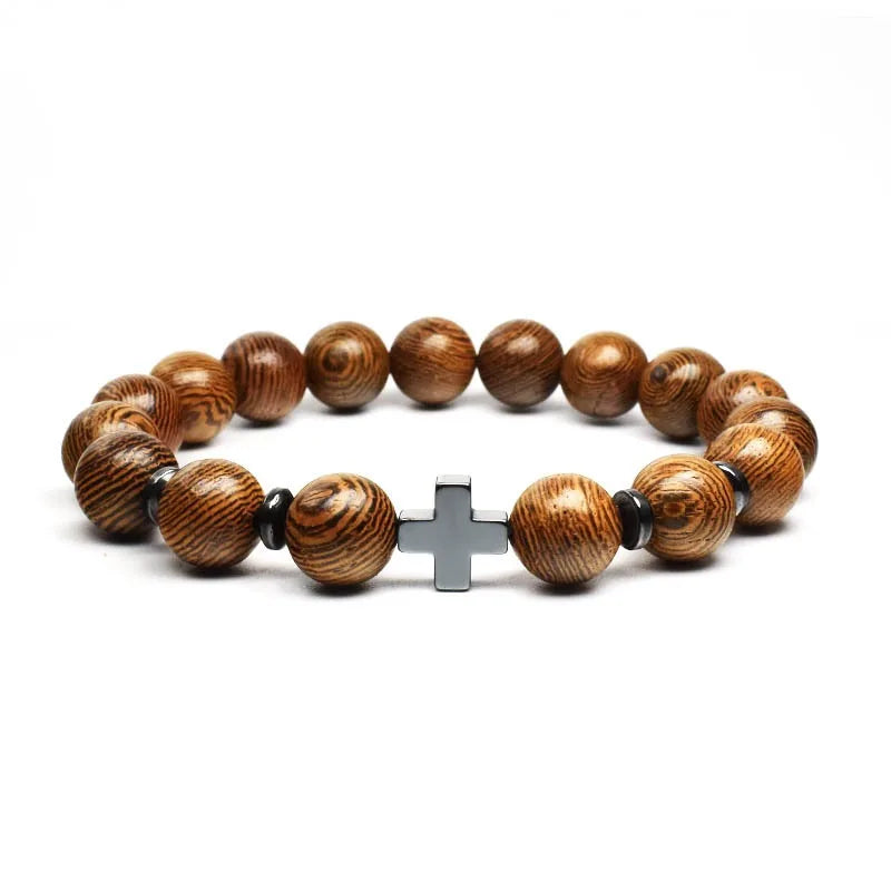 Pulsera de Cruz para hombre, Rosario religioso, cuentas de madera, pulsera de cu