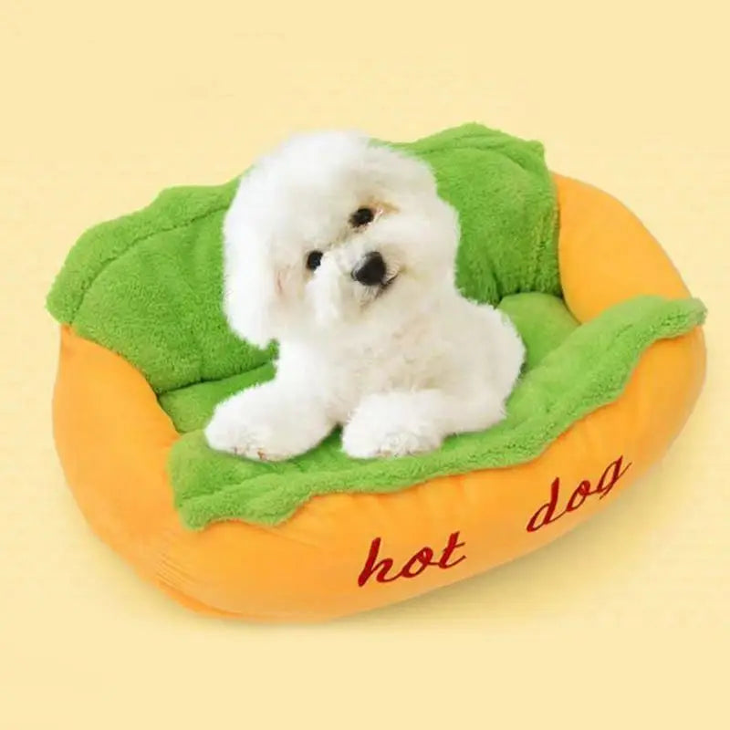 Dog Calming Bed, Detachable Hot Dog Shape Stuffed Pet Bed, Non-Slip Base with Zipper