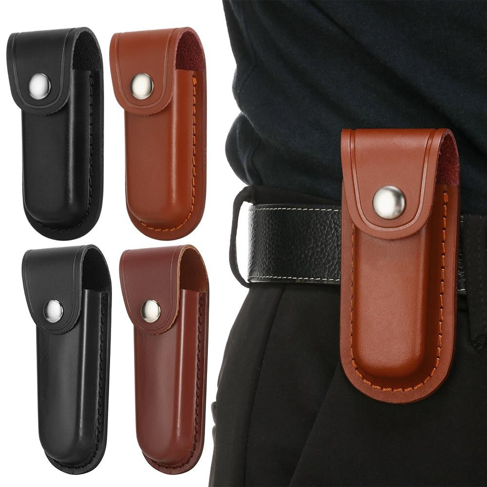 Funda para cuchillo plegable marrón, herramienta para linterna, cinturón, estuche protector, Funda de cuero, bolsillo, caza, campamento, equipo de transporte al aire libre
