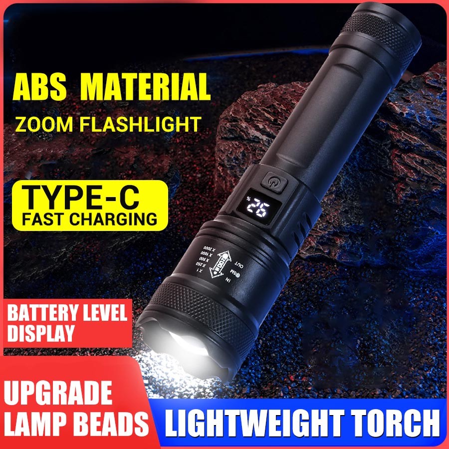 Linterna LED potente con pantalla de batería, luz recargable por USB, Zoom telescópico, lámpara de antorcha para acampar al aire libre, linterna de pesca, 9900LM