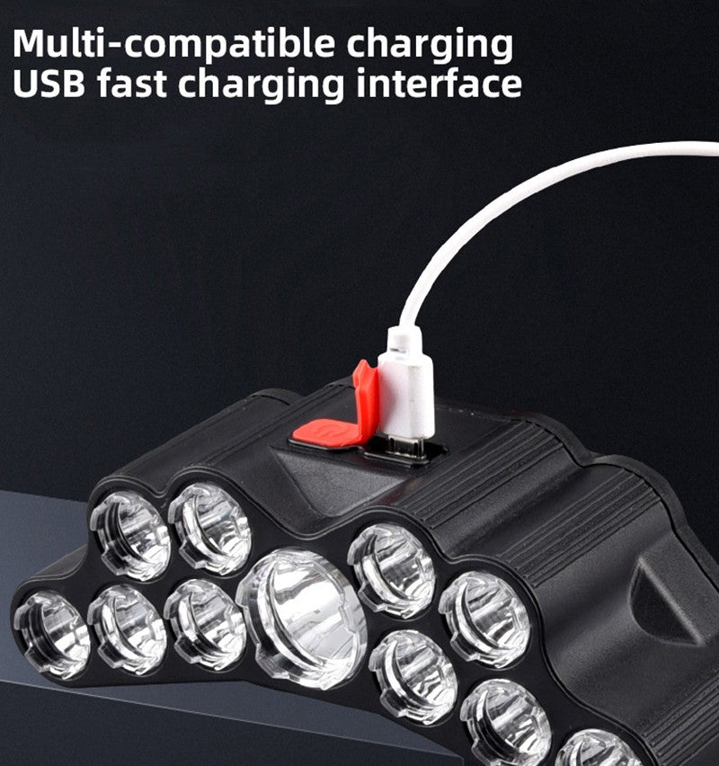 Faro recargable por USB, 11 LED, lámpara de cabeza de luz fuerte, resistente al agua, batería integrada, linterna de pesca, linterna para exteriores