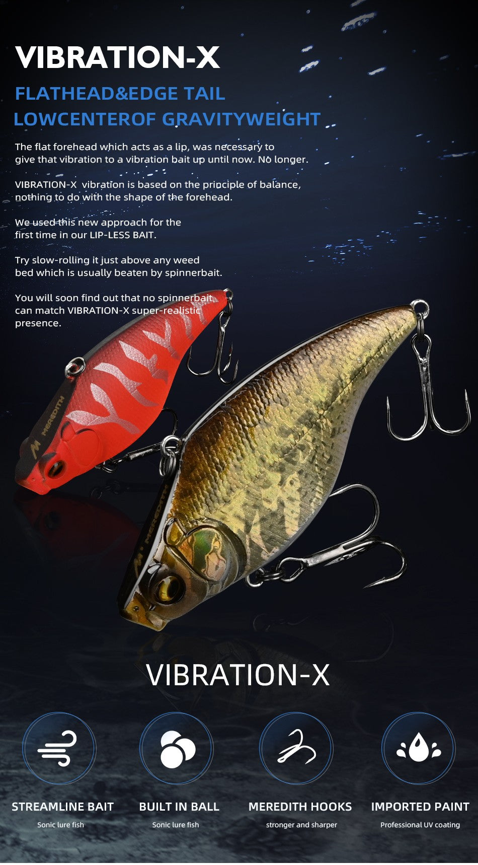 MEREDITH VIBRATION-X VIB 75mm 19g Wobblers aparejos de pesca Señuelos de pesca cebo vibratorio para accesorios artificiales de profundidad completa