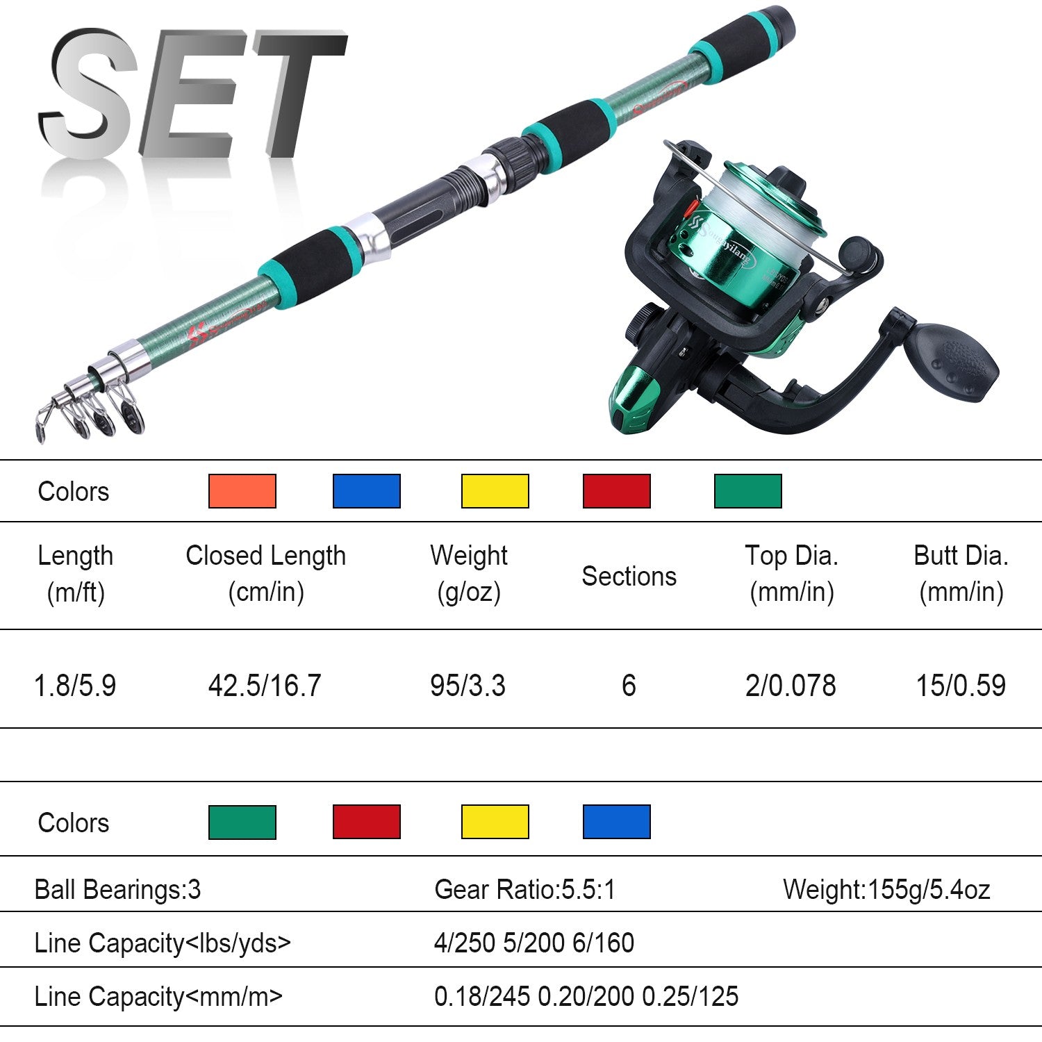 Sougayilang caña de pescar giratoria y carrete Combo1.8M caña telescópica con 5,2: 1 3BB carrete de pesca arrastre máximo 5kg Kit de pesca completo