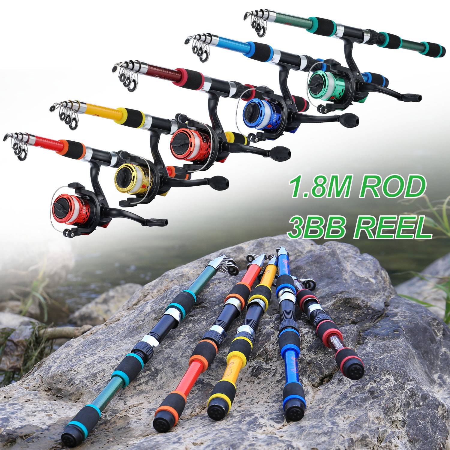 Sougayilang caña de pescar giratoria y carrete Combo1.8M caña telescópica con 5,2: 1 3BB carrete de pesca arrastre máximo 5kg Kit de pesca completo