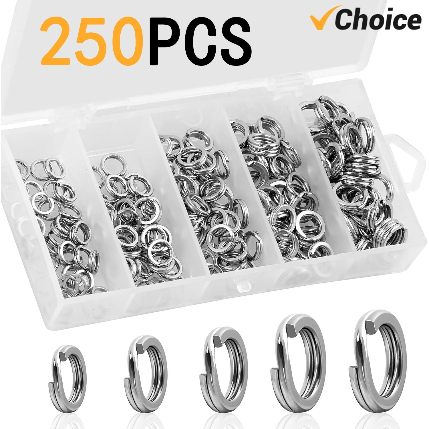 Anillos divididos de acero inoxidable para pesca, 5 tamaños, alta resistencia, gran fuerza de tracción, conector de señuelo de pesca, 200/250 Uds.
