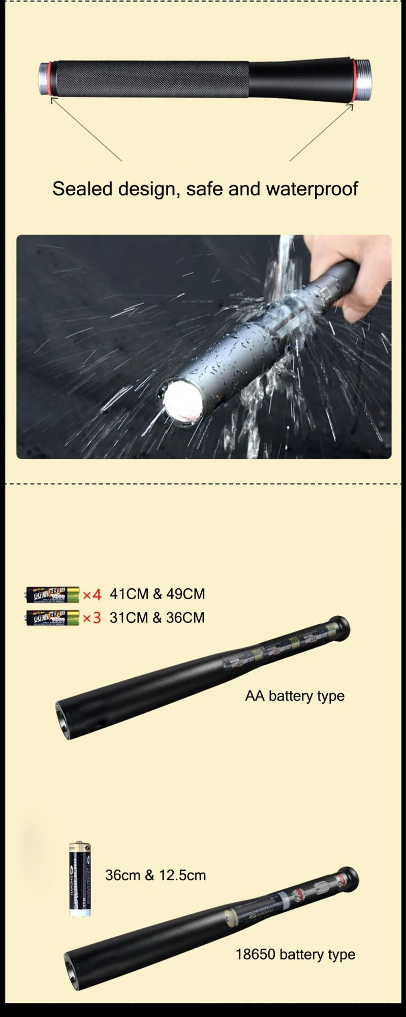 Linterna de autodefensa resistente al agua, palo LED, bate de béisbol, antorcha de aleación de aluminio, equipo antidisturbios de autodefensa de emergencia