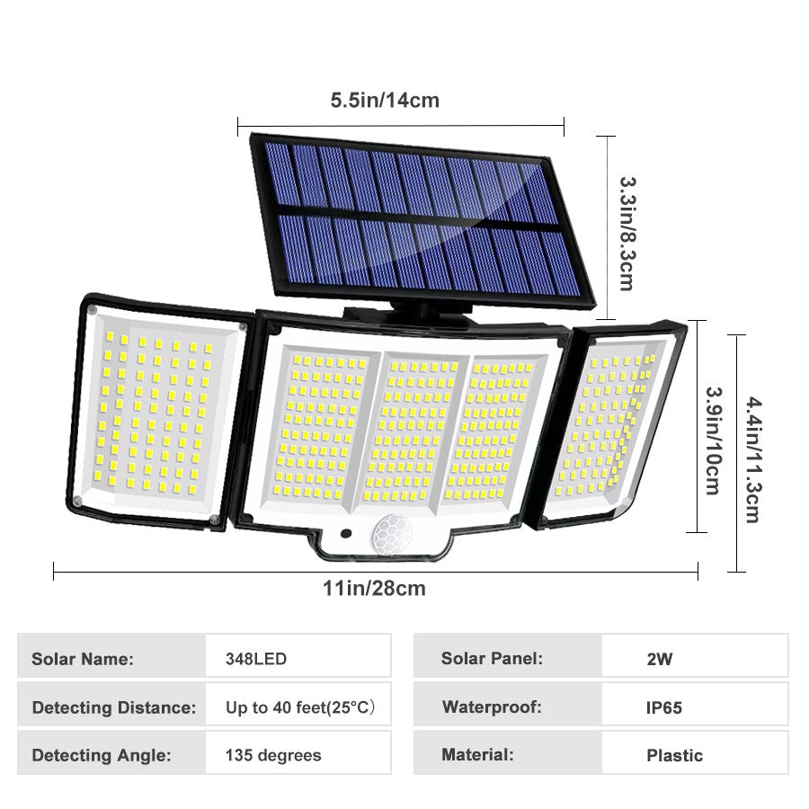 Luz Solar para exteriores, 328/348 LED, Sensor de movimiento superbrillante integrado, gran potencia, IP65, resistente al agua, 3 modos de trabajo, pared de jardín
