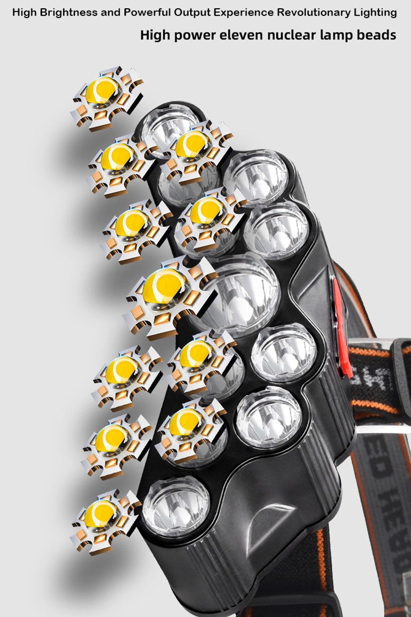 Faro recargable por USB, 11 LED, lámpara de cabeza de luz fuerte, resistente al agua, batería integrada, linterna de pesca, linterna para exteriores