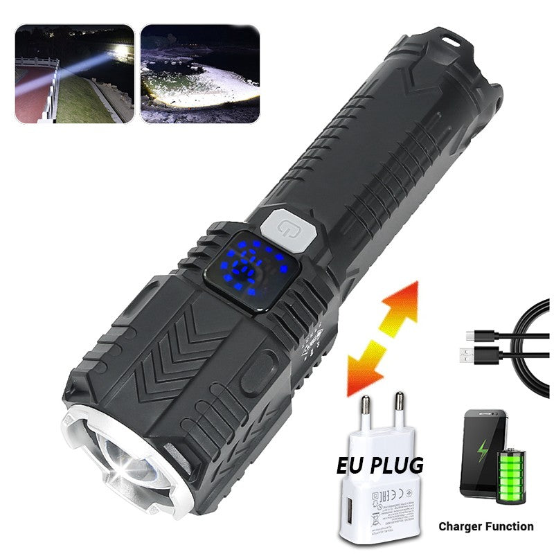 Linterna LED potente con pantalla de batería, luz recargable por USB, Zoom telescópico, lámpara de antorcha para acampar al aire libre, linterna de pesca, 9900LM