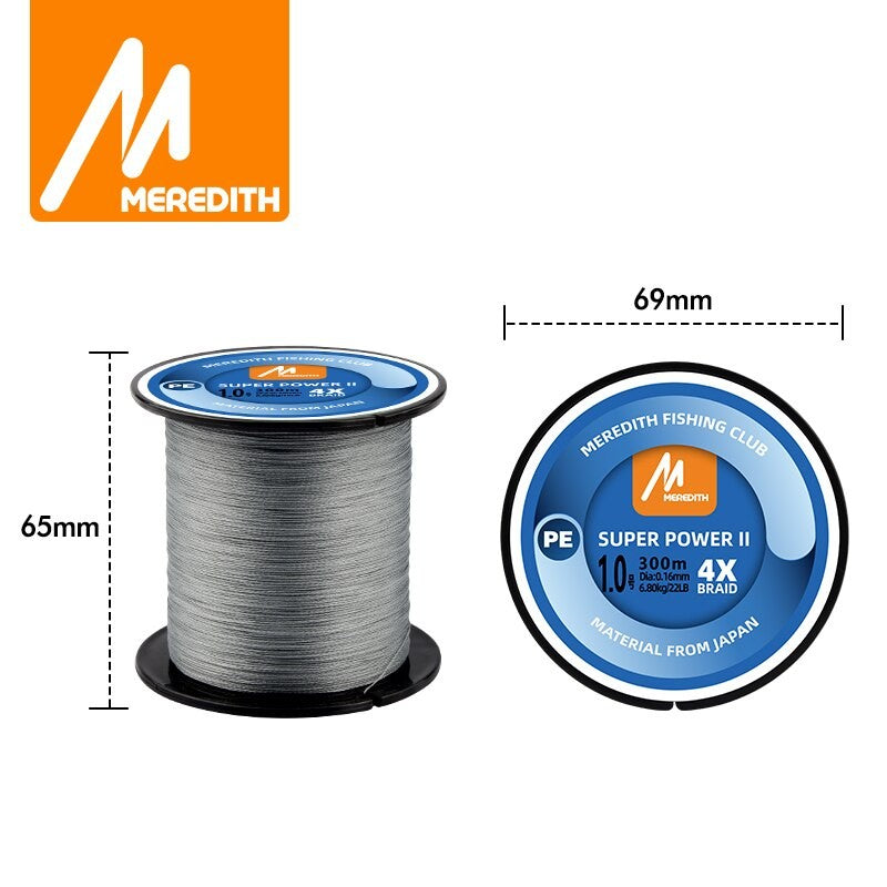 MEREDITH-línea de pesca trenzada de PE, 4 hebras, 300M, 15-80lb, sedal de pesca suave multifilamento para señuelo de pesca