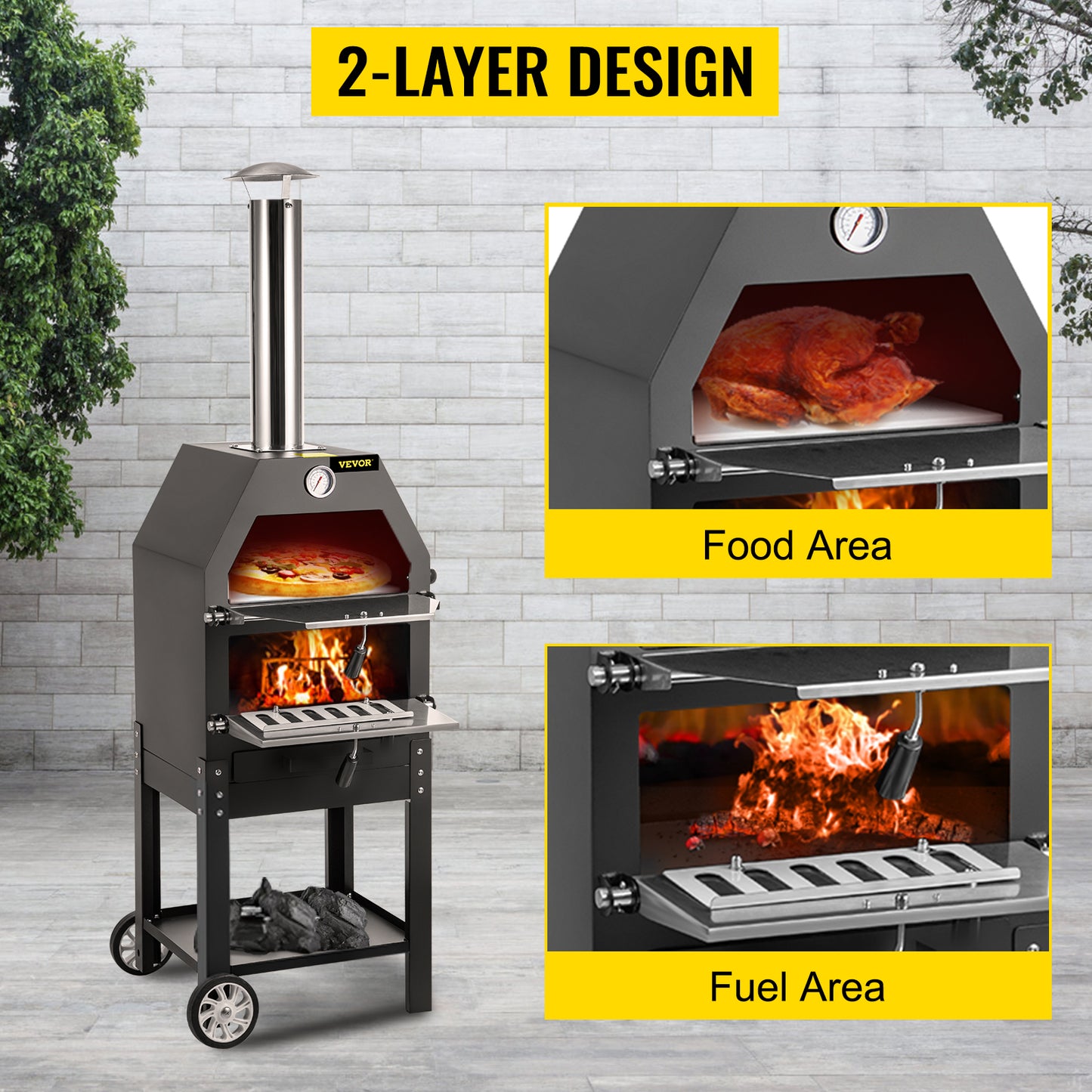 VEVOR-horno de Pizza frita de madera, horno portátil de 2 capas con ruedas y mango, ahorro de trabajo, para patio trasero, camping, parque, horneado al aire libre, 12"